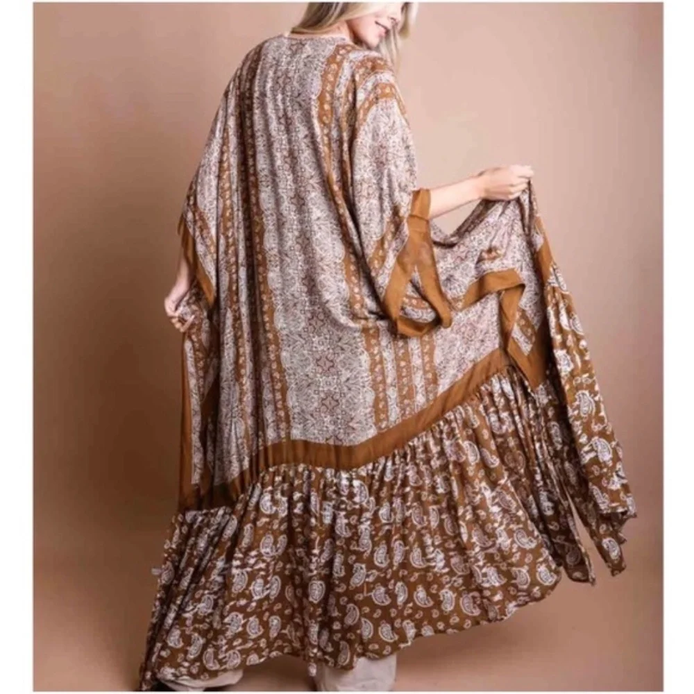 Boho Gypsy Denim Blue Paisley Ruffle Long Kimono Cover up - Picture 3 of 4
